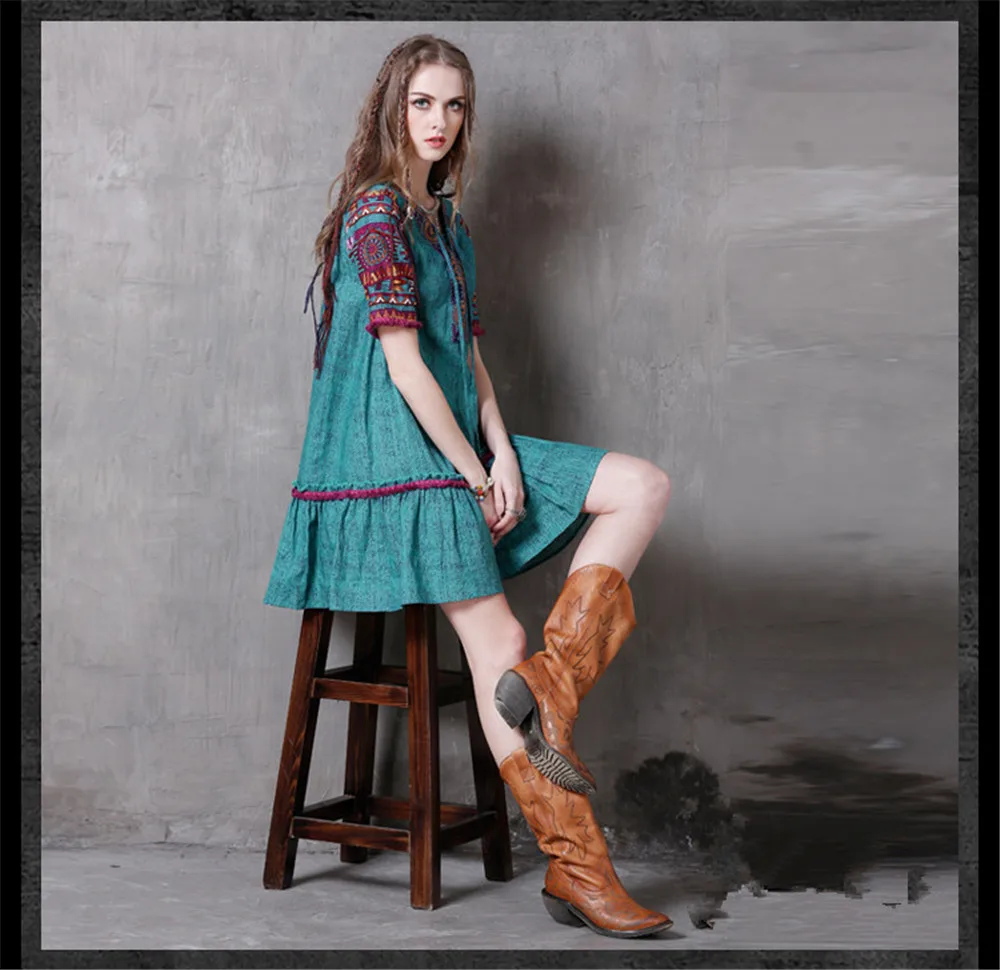 Vintage Women Summer Dress 2017 Boho New Denim Vestidos V-Neck A-line Embroidery Loose Natural Waist Thin Sundresses  (14)