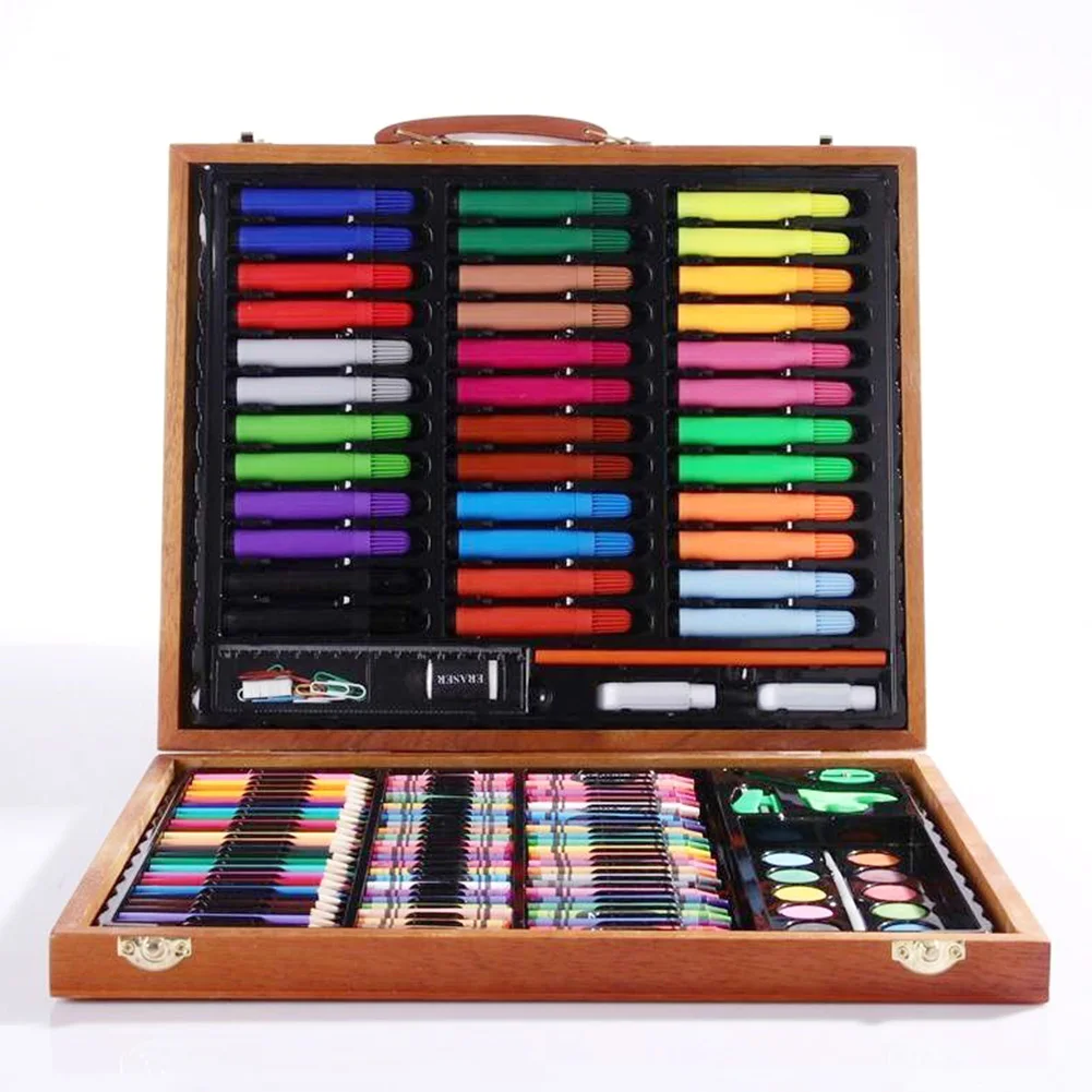 

150pcs/set Gift Water Color Pen Supplies Children Learning Painting Pencils Colouring Wooden Box Stationery Art