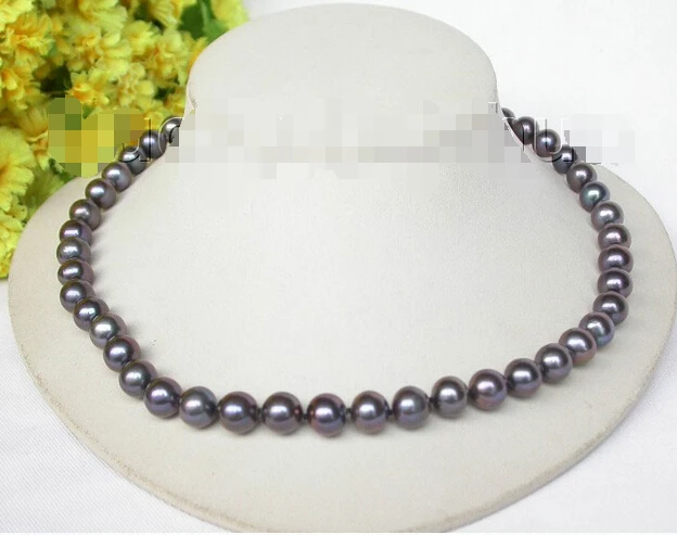 

QW439 17"10mm luster black round pearls necklace ladybug 925 silver clasp j8316^^^@^Noble style Natural Fine jewe FREE SHIPPING