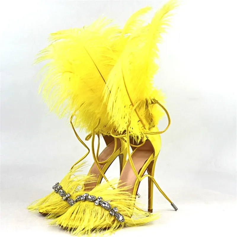Luchfive перо Стразы пикантные сандалии Для женщин взлетно-посадочной полосы дизайна на высоком каблуке 12 см обувь на высоком каблуке с украшением в виде кристаллов Ремешок на щиколотке; модная обувь для вечеринок женская обувь