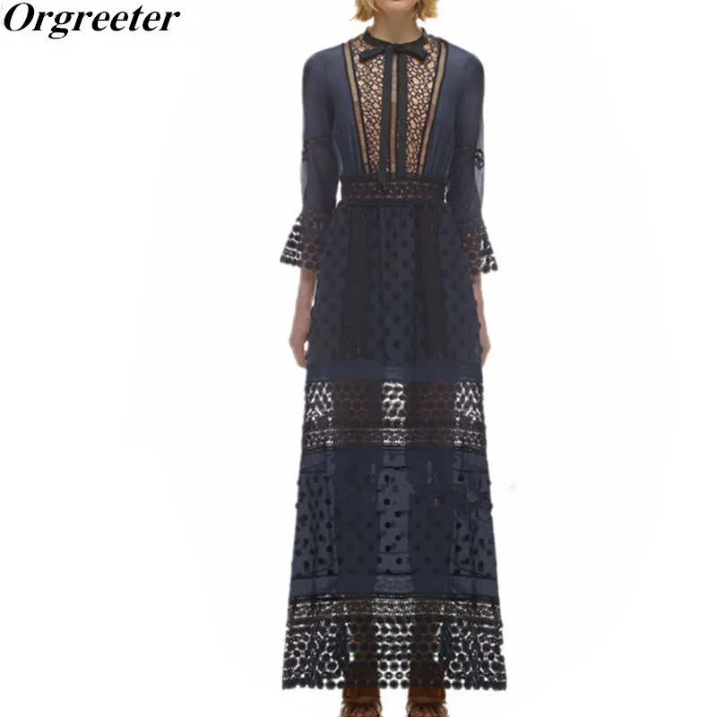 

Runway Style Self portrait 2018 Autumn Daisies Hook flowers Sexy Hollow Patchwork Flare Sleeve Long Maxi Dresses
