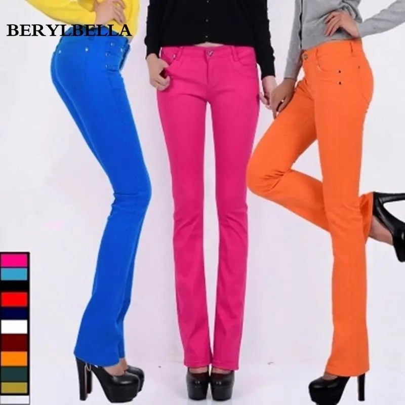 BerylBella,, женские брюки-клеш, Осенние, модные, тонкие, хлопковые, конфетные, женские, белые, для девушек, средняя талия, брюки размера плюс