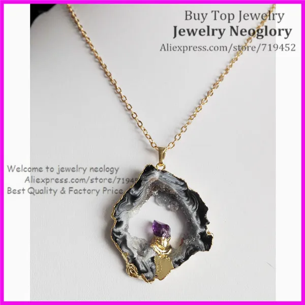 

Natural Geode Stone Slice Druzy Pendant Necklace,24K Gold color Edge Druzy Leopard Stone Pendant with CRYSTAL in Middle