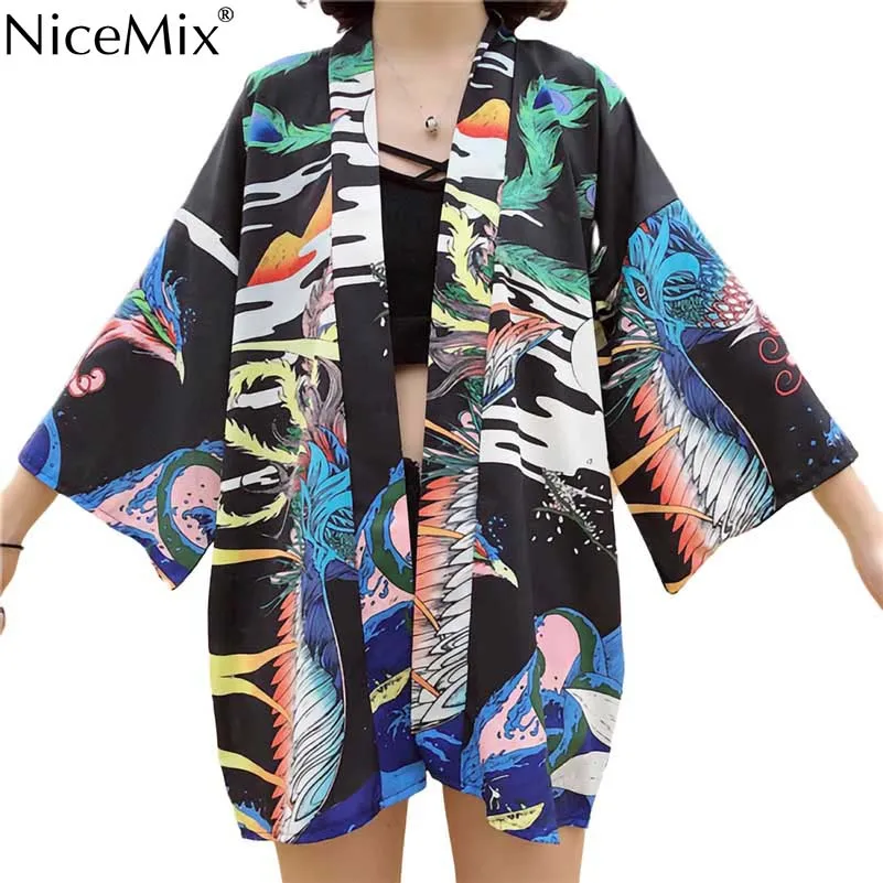 

NiceMix Kimonos Harajuku Print Phoenix Cardigan Women Tops Yukata Cosplay Japanese Style Shirts 2019 Summer Thin Blouses new