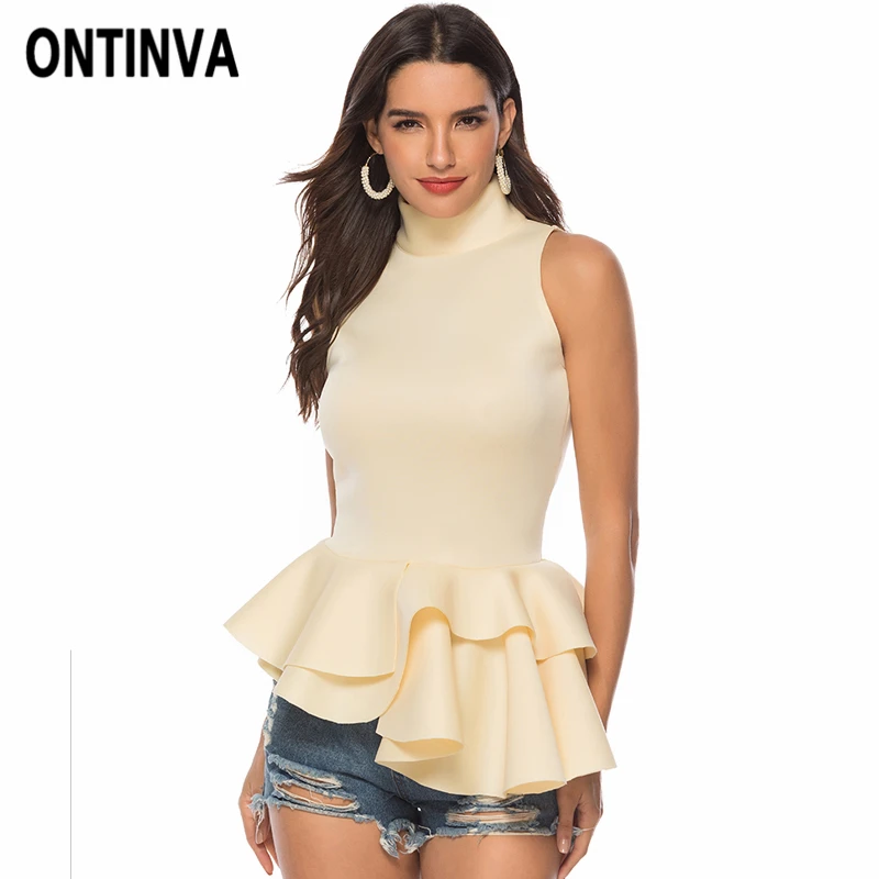 Volantes Peplum mujer Blusa cuello alto camisetas sin mangas 2020 Primavera Verano noche fiesta Blusa mangas Chemise mujer ropa|Blusas camisas| -