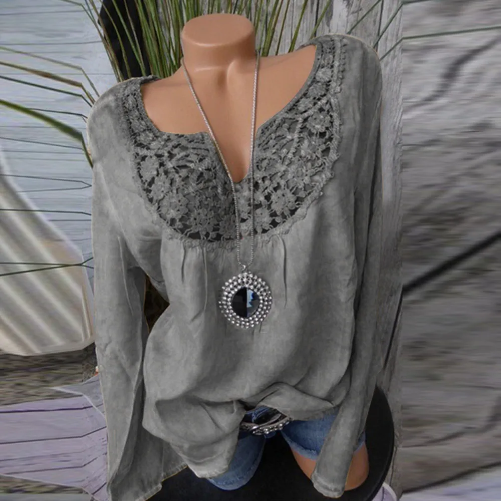 

Feitong 2018 Fashion Women Solid V-Neck Floral Lace Color Block Hollow Out Top Blouse Shirt New arrival