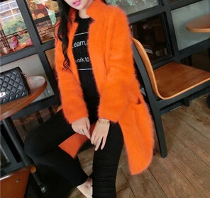Чистый норковый кашемир длинное пальто Женская мода натуральный норковый кашемир натуральный мех куртка OEM свитер KFP941 - Цвет: Orange