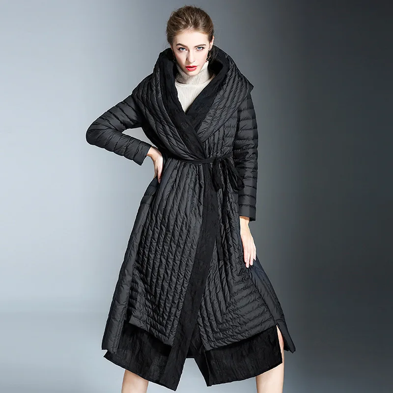 

LANMREM 2019 Winter New Fashion Female HIgh Quality Black Hooded Bandage Waist Thin Jacket Linen Hemline Coat YE816
