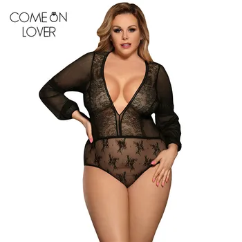 

Sheer mesh long sleeve woman bodysuit v neck transparent plus size leotard women combinaison sexy stretchy bodysuits RL80542