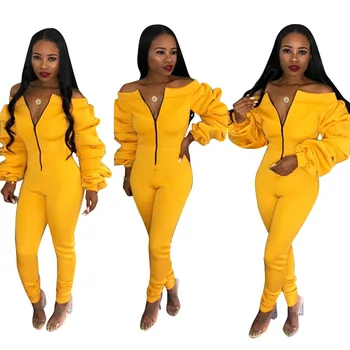 

Fashion temperament jumpsuit African women word collar pile sleeves Slim jumpsuit high elastic thick air layer fabric yellow gra