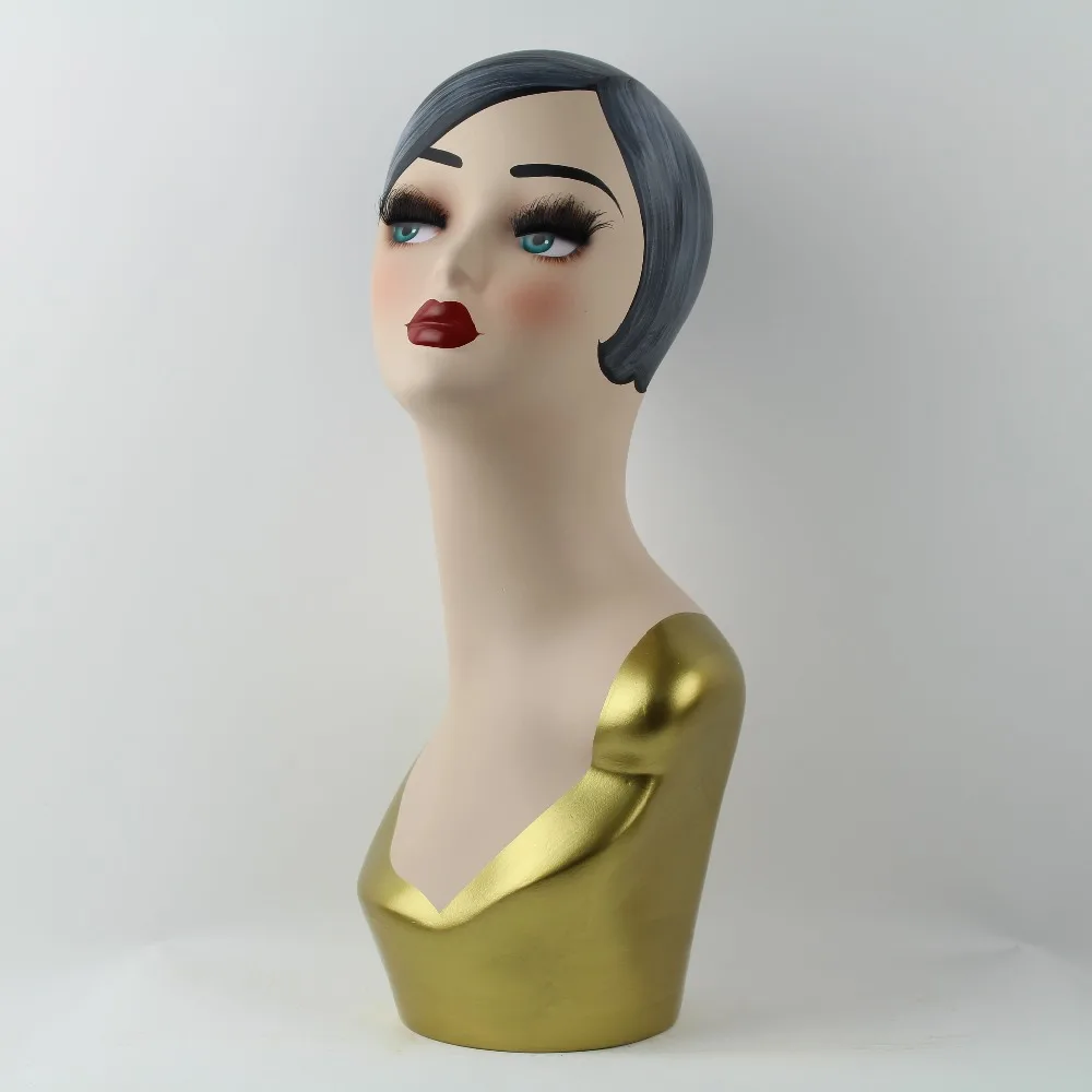 Tête De Mannequin En Fibre De Verre, Femme Peinte Avec Tissu Doré Pour