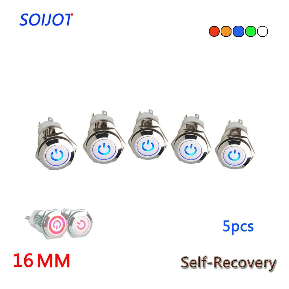 

5PCS 16MM Self-Recovery Flat Head Power Sign LED 3V~220V Metal Button Switch Instantaneous Button Automatic Reset Waterproof