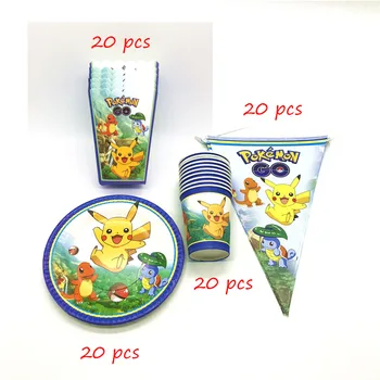 

Pokemon Go Theme 80pcs/lot Disposable Happy Birthday Party Decoration Supplies Paper Cup Plate Flag Popcorn Box/Straw/Hat Supply