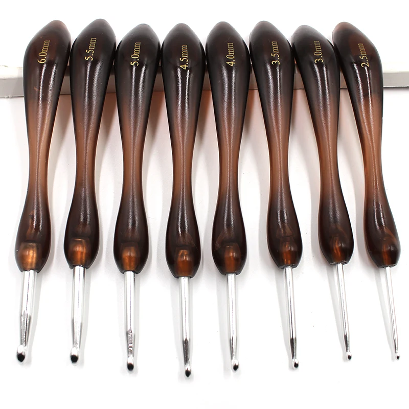 

8pcs brown Porcelain Bending Spoon Shape Plastic Handle Stainless Steel Crochet Hook Set Knitting Needles Crafts Weaving tool