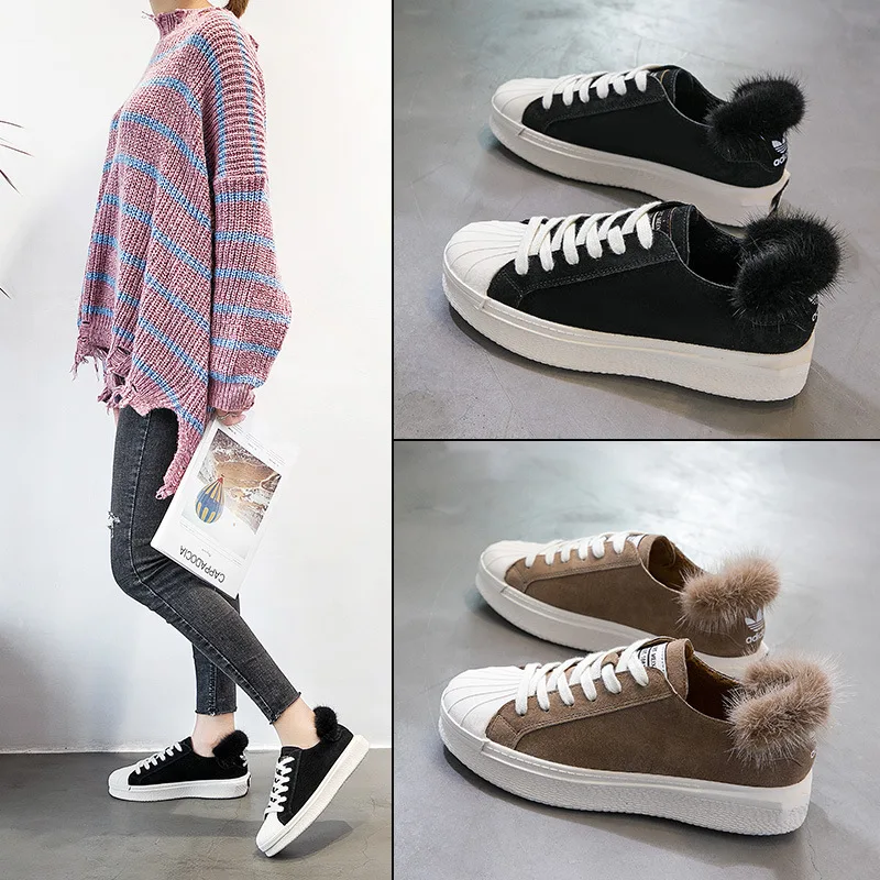 

2018 Winter Ladies Sneakers Shoes Leather Casual Flat Shoes Women Fashion Lace-up Maomao Shoes Students White Platform Shoes