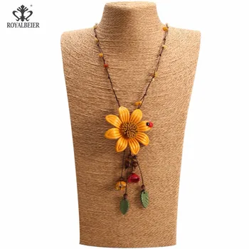 

RoyalBeier New Popular Women Jewelry Handmade Genuine Leather Flower Pendant Long Necklaces Bronze Jewelry Wholesale XL0148