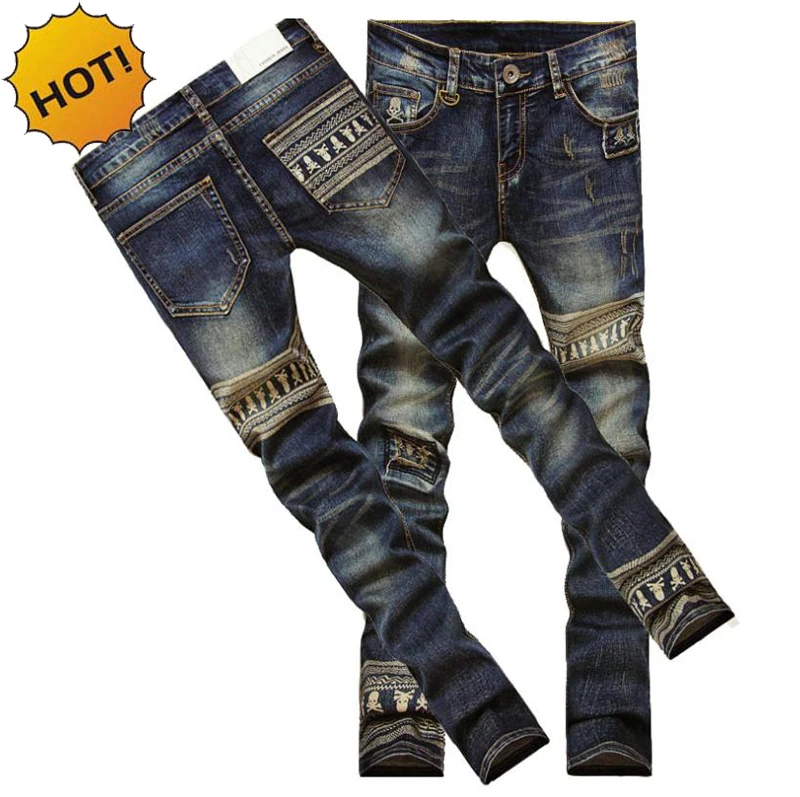 New Teenagers Fashion Slim Fit Pants Boys Skeleton Printed Patch Jeans Men Vintage Hip Hop Straight