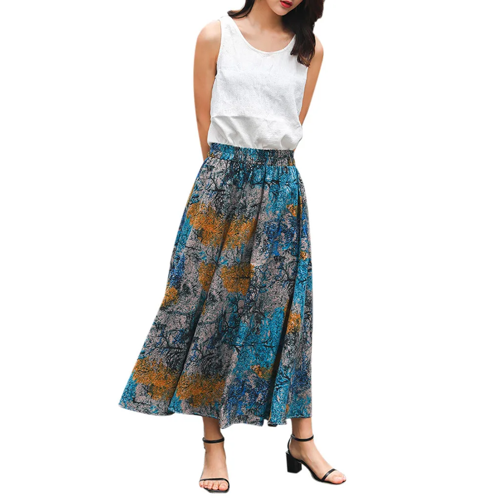 2019 Новая мода Женская юбка чешские хлопок и конопли печатных свободные пляжный с завышенной талией юбки Saia Миди Cintura Alta # BZ
