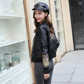 

2018 autumn Fashion Ladies Faux PU Leather Jackets Short design Embroidery Locomotive Pu Leather Jacket Women Basic Jacket r322