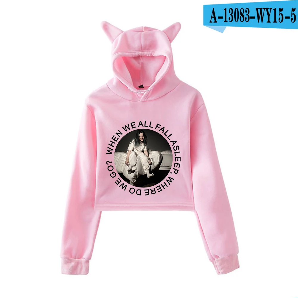 Новинка Billie Eilish модный принт короткий кошачий Топ женские летние толстовки с капюшоном сексуальные K-pops Harajuku Cat с капюшоном модные XXL - Цвет: Армейский зеленый
