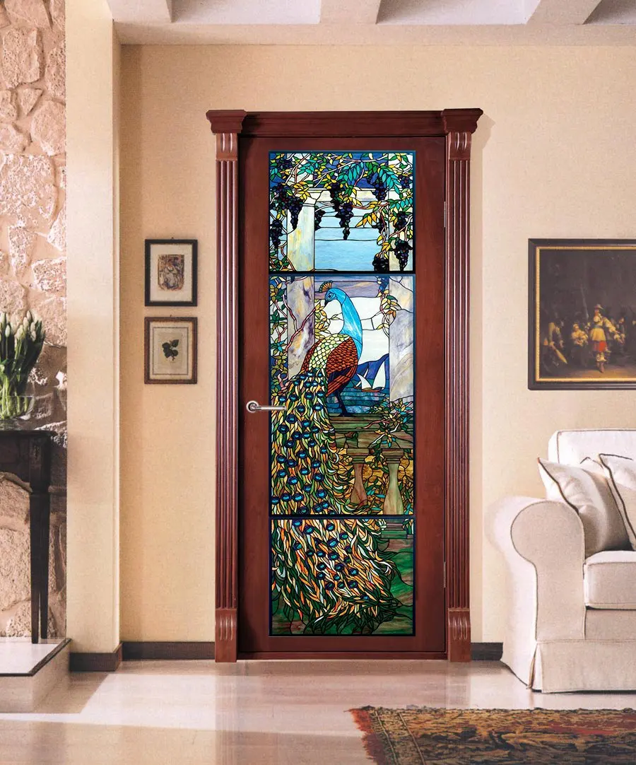 

3D Customized Stained Glass Peacock Door Mural Wallpaper mural Wall Print Decal Wall Mural Photo self adhesive door wrap