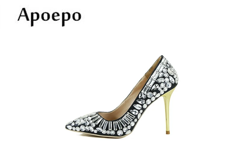 

New Crystal Embellished High Heel Shoes 2018 Sexy Pointed Toe Stiletto Heels Woman Wedding Heels Party Shoes