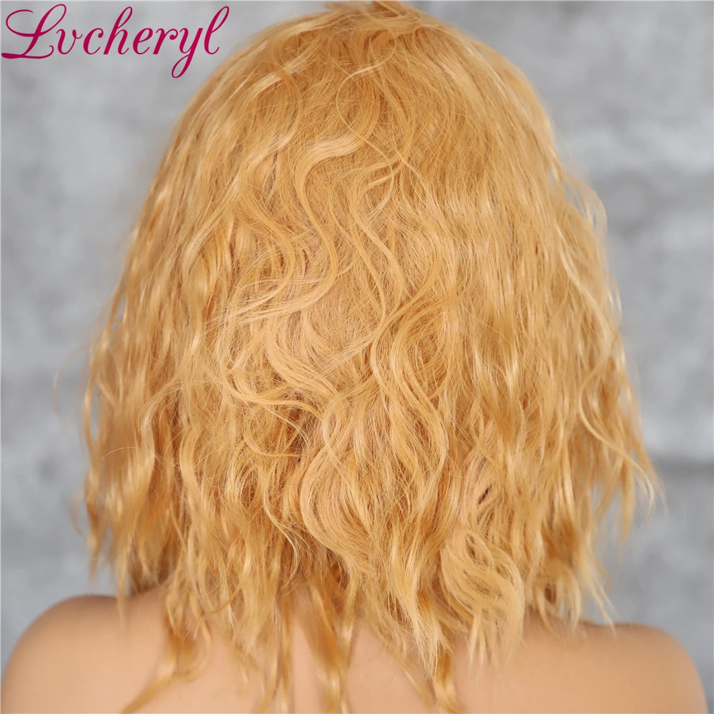 Lvcheryl Короткие вьющиеся 13*6 синтетические кружевные передние парики бежевого и