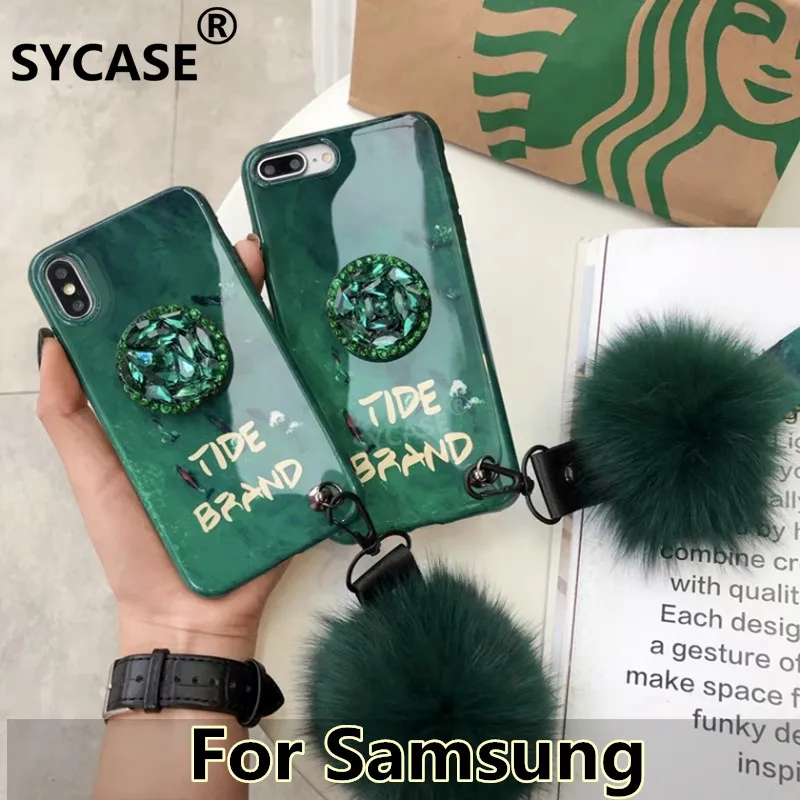 SYCASE luxury Emerald Rhinestone Bracket For Samsung Galaxy S7 Edge S8 S9 Plus Note 8 9 Case Hairball Lanyard cover Women |