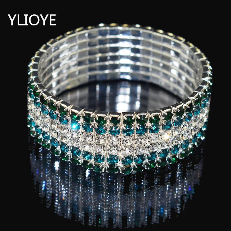 

Fashion 6 Rows Full Crystal Rhinestone Elastic Bracelet Royal Blue Wide Bracelet Bling Wristband Women Wedding Bridal Jewelry