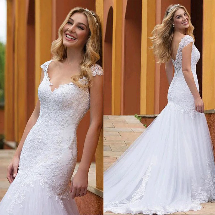 

Wonderful Tulle V-neck Neckline Mermaid Wedding Dresses With Lace Appliques Slim Bridal Dress vestido de formatura