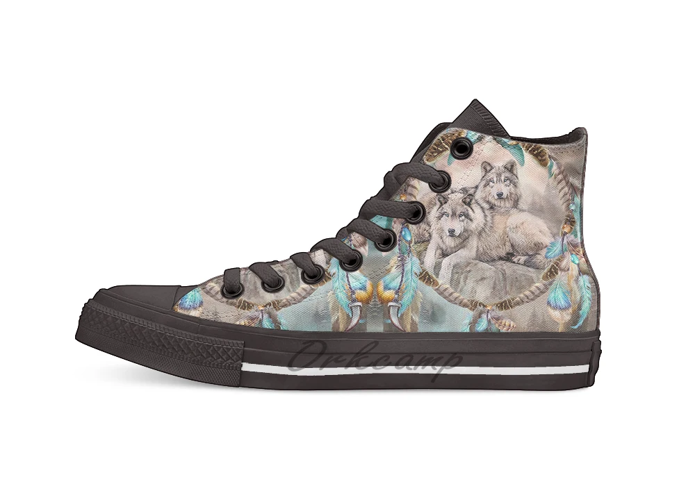 

Dream Catcher Two Wolves Together Unisex High Top Canvas flat Casual Custom shoes Drop Shipping