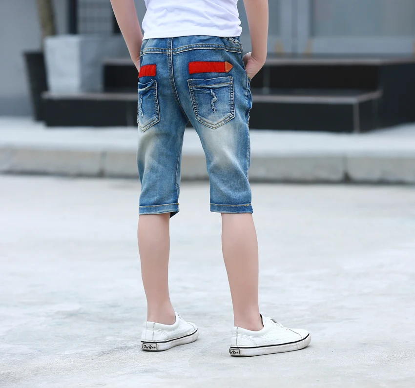 Лидер продаж для маленьких мальчиков рваные джинсы Шорты Брюки для возраста 3 4 5 6 7 8 От 9 до 13 лет дети по колено голубой цвет деним летняя одежда