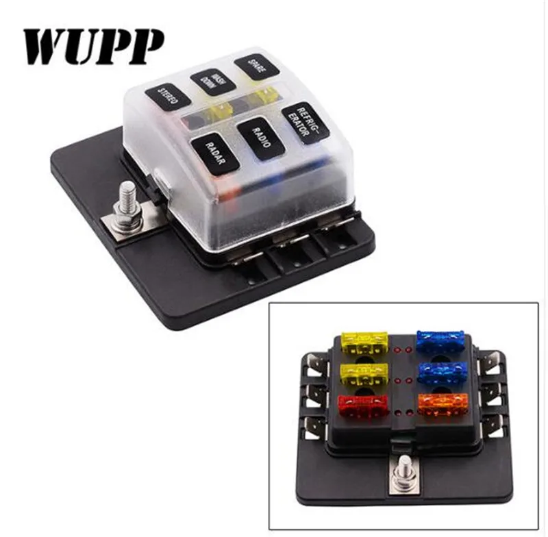 

WUPP Auto 1 In 6 Out Auto Fuse Box Waterproof Blade Fuse Block Box With Led Indicator For Car Suv Bus Ship 32V PC Terminal Block