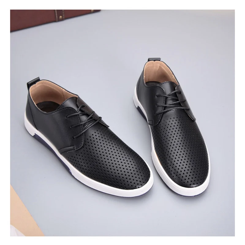 REETENE Men Casual Shoes Hollow Fashion Leather Men Loafers Comfortable Light Flat Mens Shoes Plus Size Men'S Casual Shoes