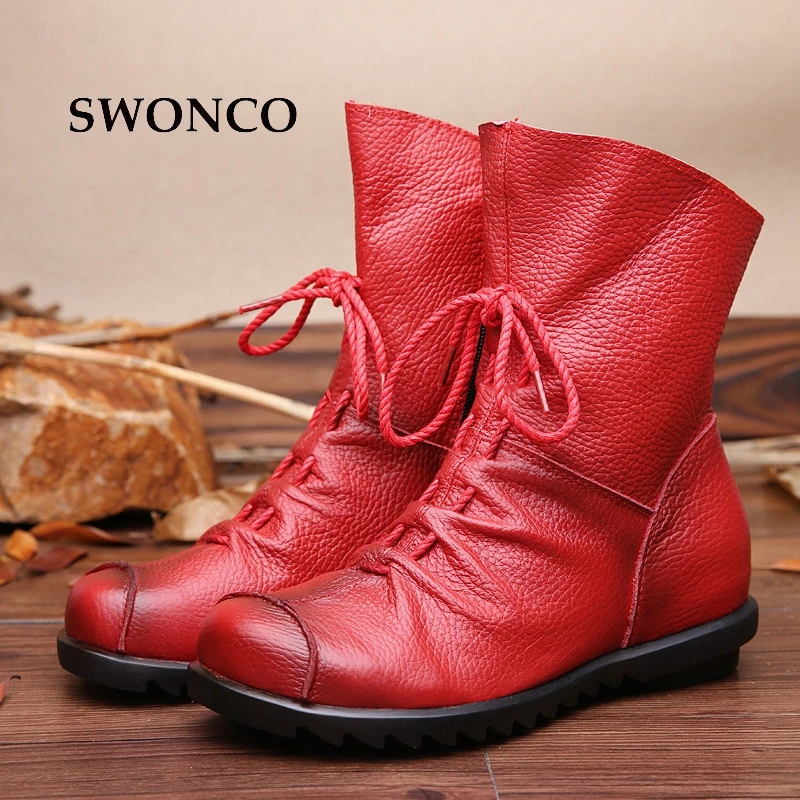 

SWONCO Women's Retro Boots 2018 Autumn Winter Genuine Leather Plush Ladies Shoes Leather Women Boots Winter Warm Shoes Size 42