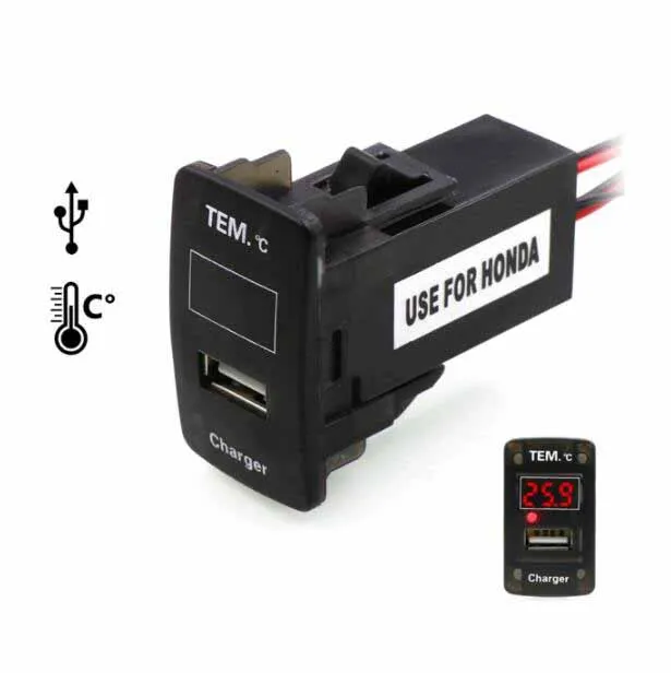 

2.1A USB Interface Socket Car Charger with Indoor/Outdoor Thermometer Use for Honda,Civic,Spirior,CRV,Fit Jazz,City,Accord