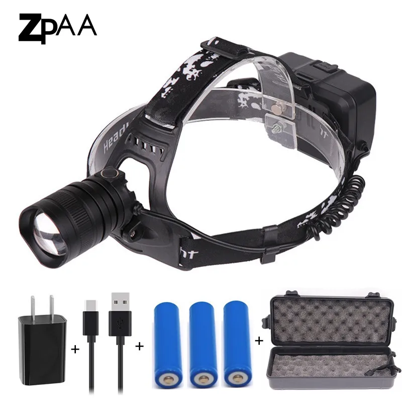 

XHP50 USB LED Headlamp Flashlight ZOOM Rechargeable Camping Lantern Head Torch Waterproof Outdoor Lighting for Fishing Powerbank
