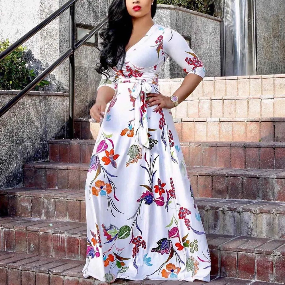 2018 Fashion casual Multi-color Plus Size S-2XL Women's Sexy Loose Dress V-Neck Print Party Beach Boho |