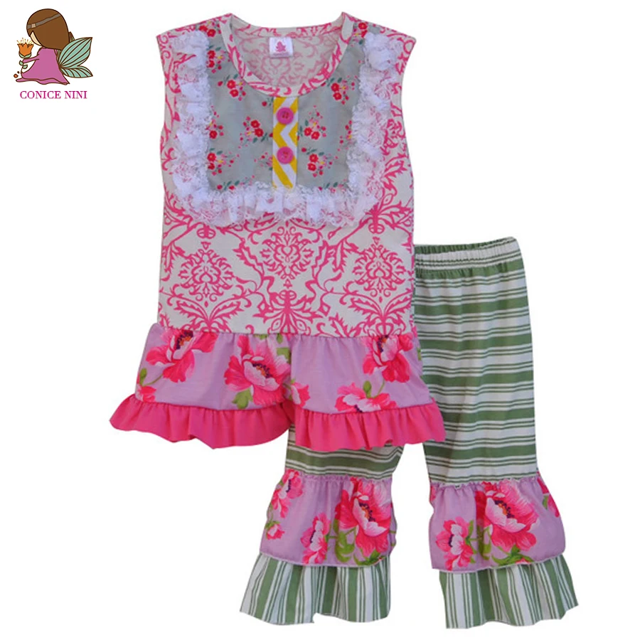

Factory Selling Baby Clothing Girl Set Floral Pattern Lace Embroidered Chest Plus Green Capris Button Deco Outfits S029