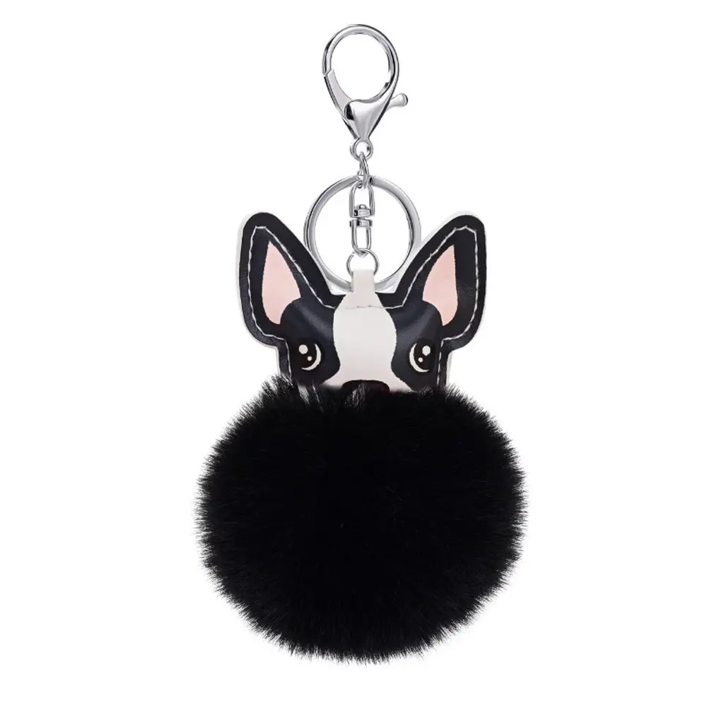 

Dog Keyring Cute Bull Keychains Pompom Pu Leather Animal Holder Bag Black Pink Red Charm Llaveros Chaveiros Girl Children Gift
