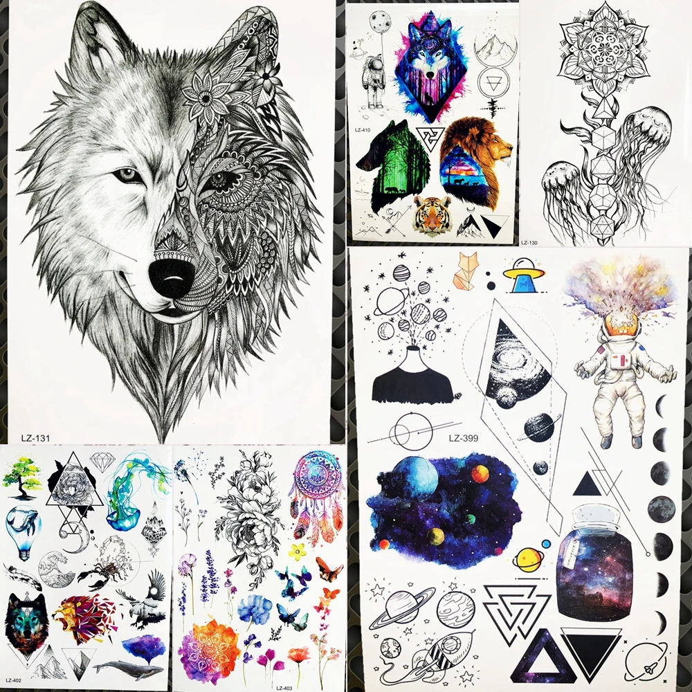 

Black Tribal Wolf Temporary Tattoo Stickers Women Fashion Body Art Planet Fake Tatoo Men Kids Waterproof Tattoos Astronaut