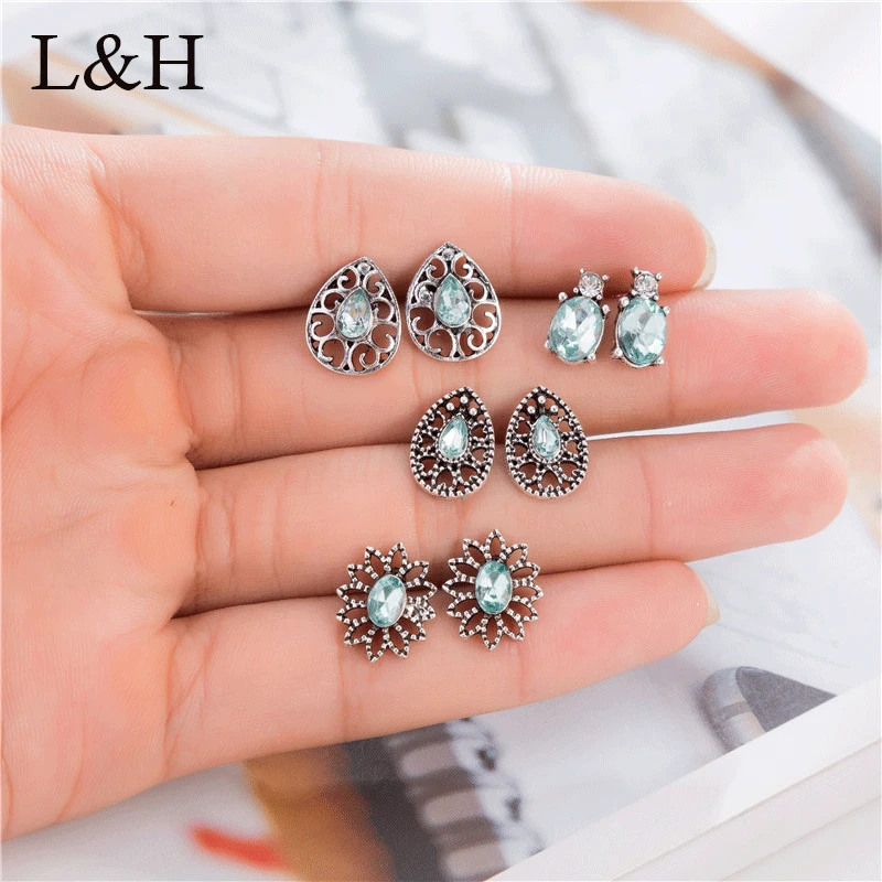

4 Pairs Green Crystal Turtle Droplet Lotus Flower Stud Earrings Vintage Statement Jewelry For Women Piercing Earring Set Brincos