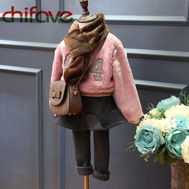 

2017 New Fashion Kids Girls 3 Pcs Suit Sets Autumn Winter Warm Clothes Pullover Digital Sweatshirt+Skirt Pants+Scarf Baby Girls