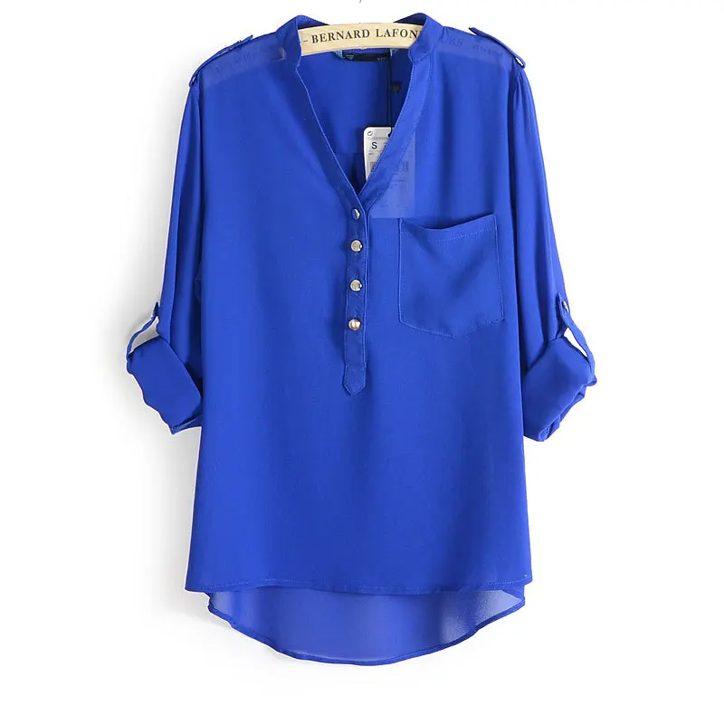 

2016 New Arrival Mozhini Regular Fashion Chiffon Full Button Solid V-neck Regular Blouses & Shirts Long-sleeve Blouse Shirt