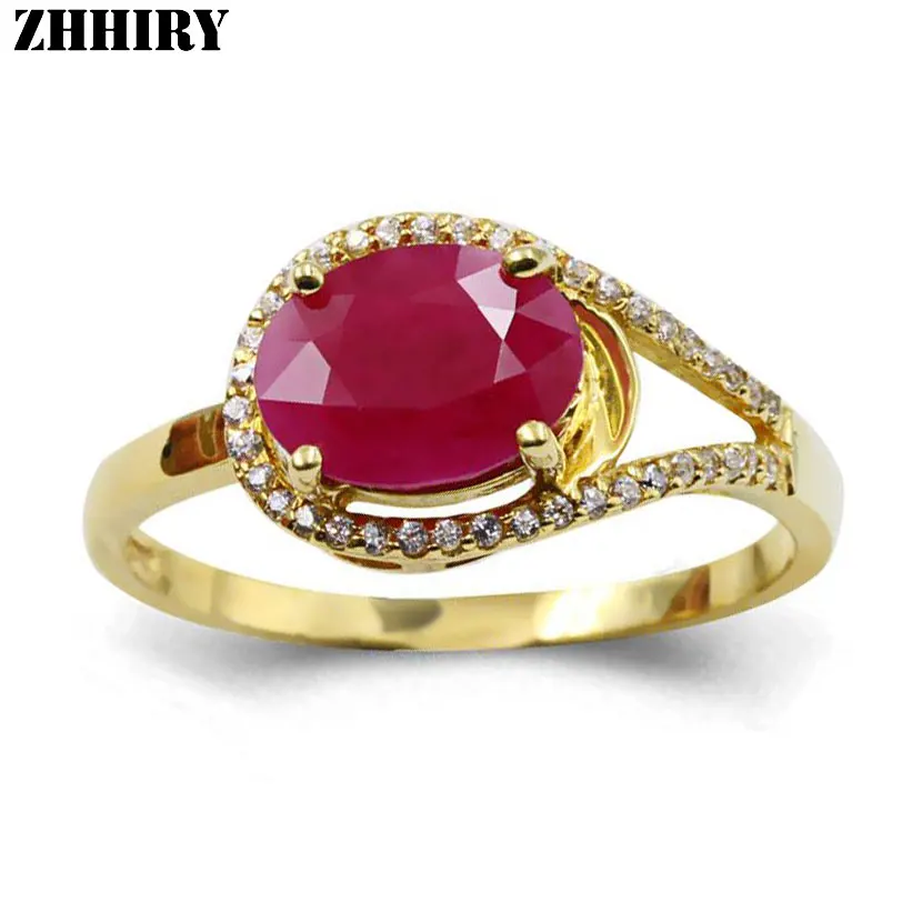 ZHHIRY Women Genuine 18K Gold Natural Ruby Ring Lady Gemstone Yellow