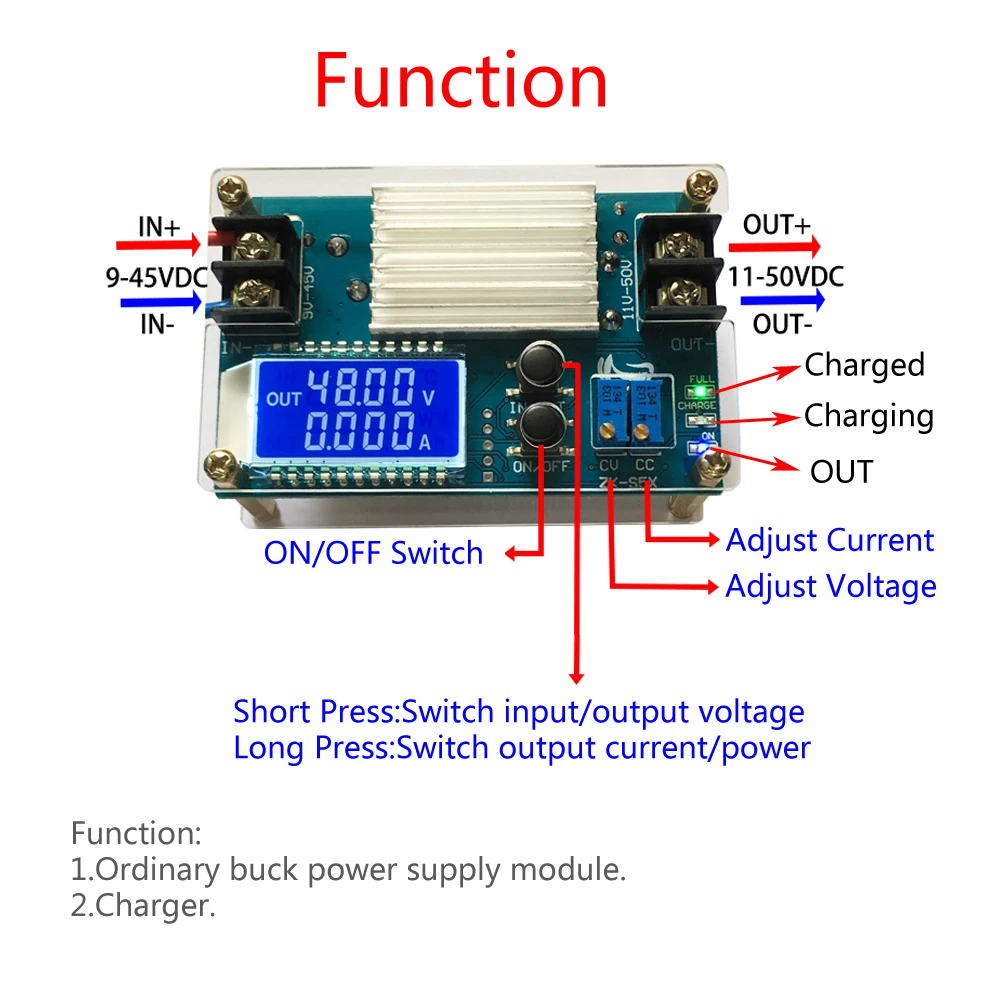 Step Up Питание повышающий преобразователь постоянного тока модуля Регулируемый адаптер CVCC ЖК-дисплей Дисплей DC-DC 10В-с алюминиевой крышкой, 50В 5A постоянного Напряжение ток