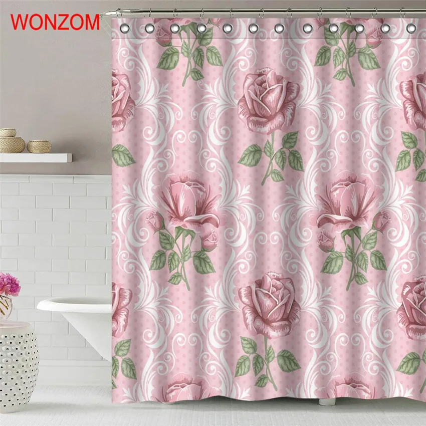 WONZOM розовая Роза полиэстер ткань занавеска для душа цветок ванная комната Декор листья водонепроницаемый Cortina De Bano с 12 крючками подарок