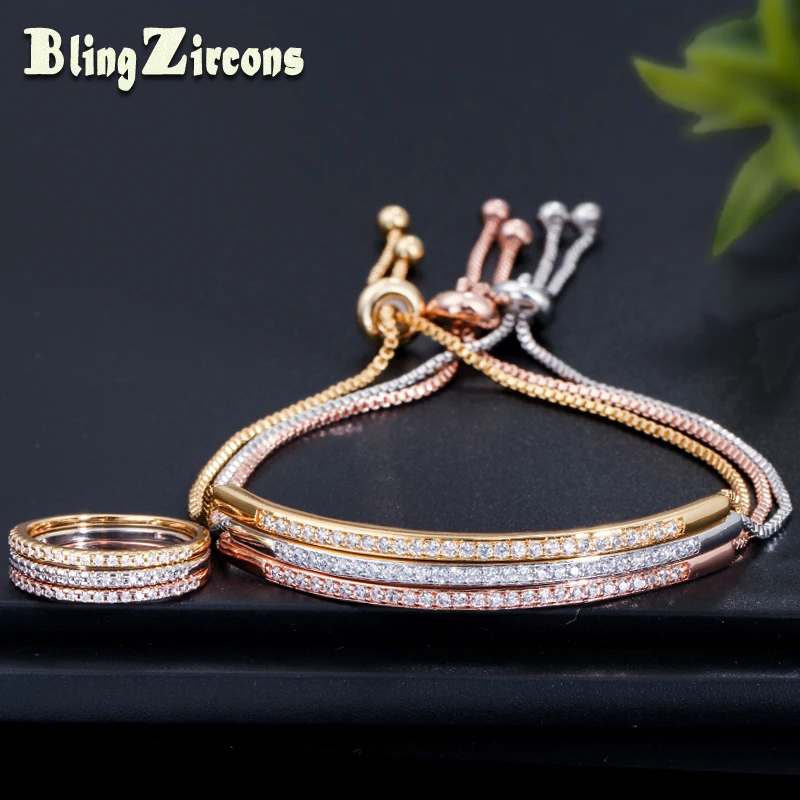 

BeaQueen Micro Pave CZ Stone Adjustable Size Bracelets and Ring Cubic Zirconia Gold Color Women Fashion Jewlery Sets JS167