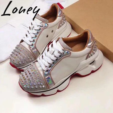 

Loney New Quality Genuine Leather Lace Up Casual Shoes Studded Round Toe Flats Shoes Women