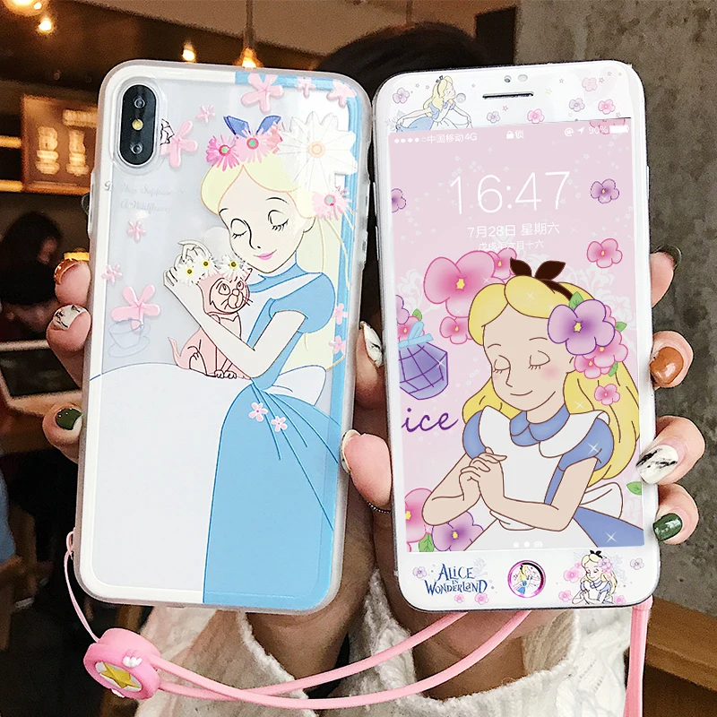 Cute Alice case for iPhone 7/8 plus silicone cover for iPhone X XS Max XR & tempered glass front film for iPhone 8 7 6 6s+ strap